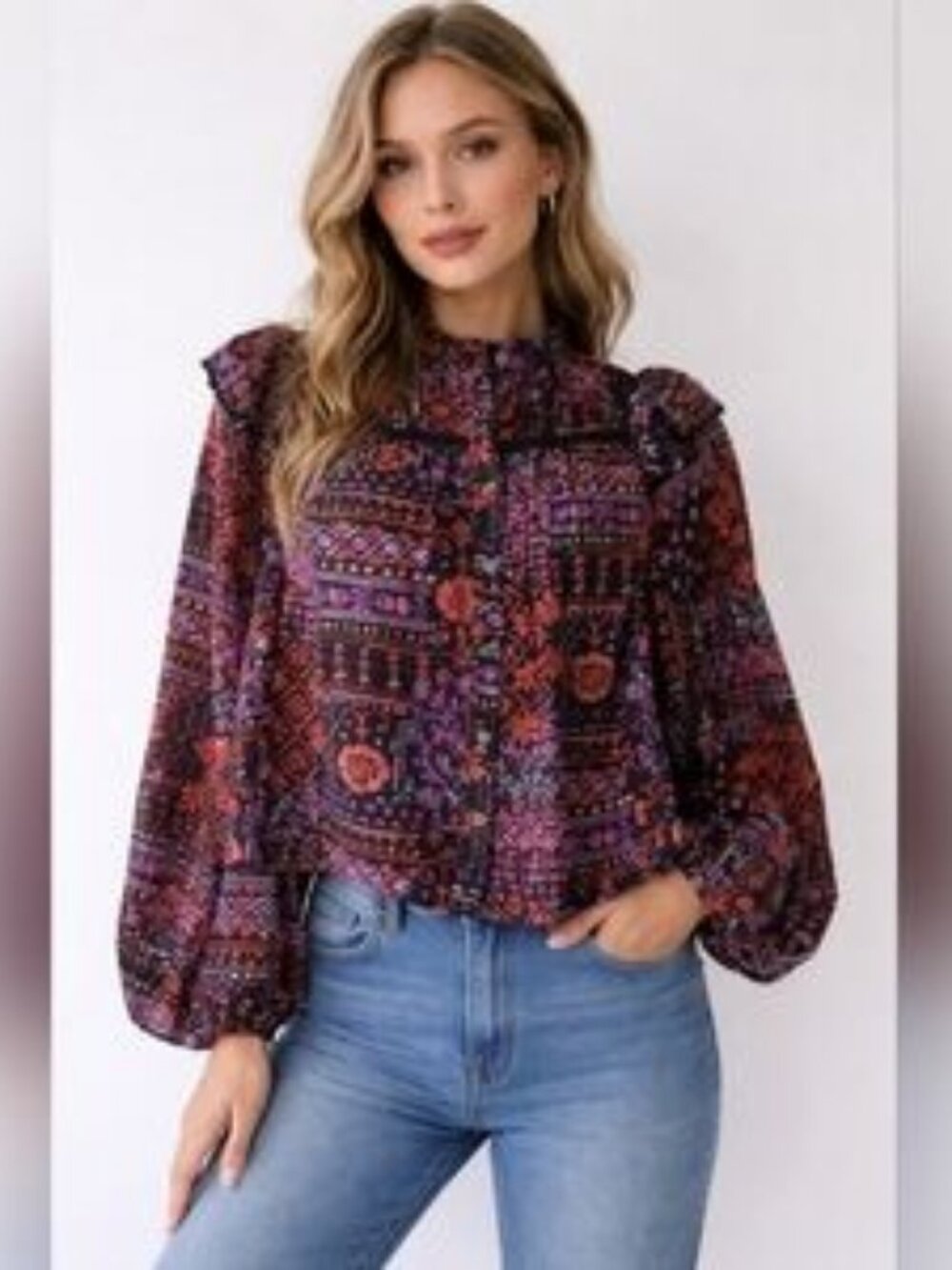FATE Lace Trim Insert High Neck Blouse In Black And Purple